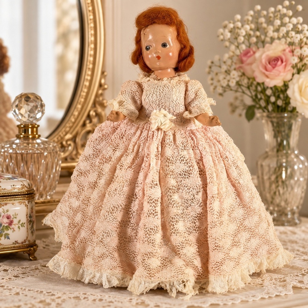 Vintage Composition Lace Doll 1940s Jointed Figurine Kitsch Decor